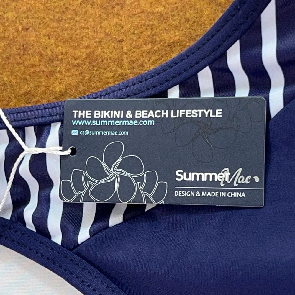 Summer Mae Womens 14 Navy Blue Striped Tankini Swim Top NWT